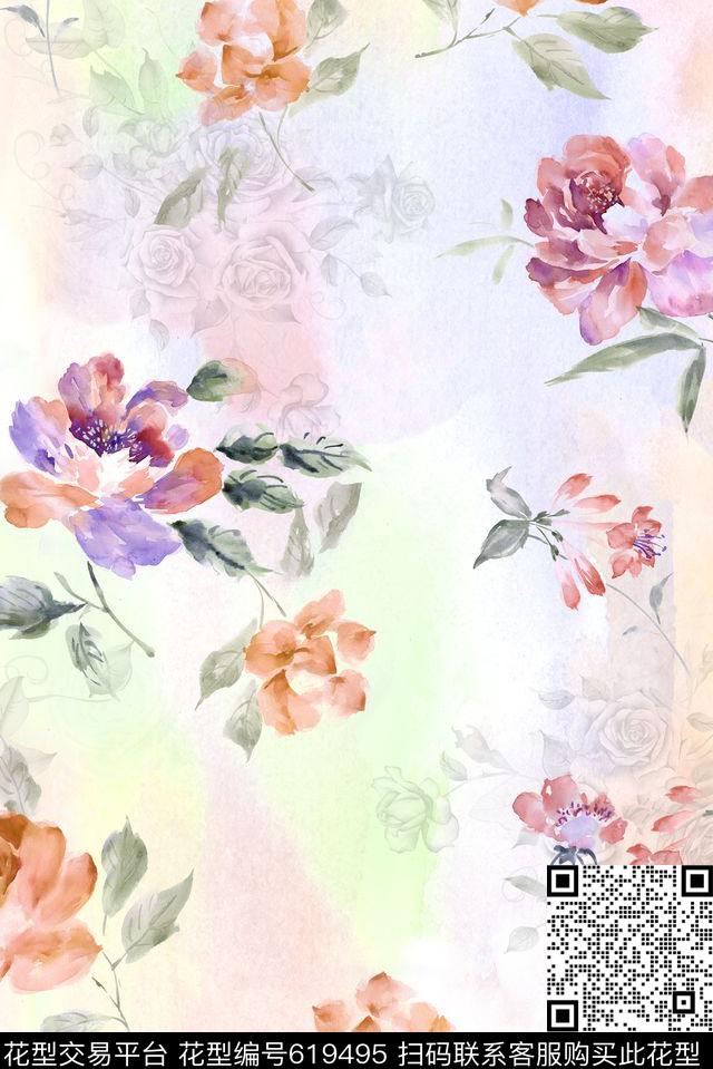 朦胧清爽水彩数码印花花型下载（图片编号: 619495） - 瓦栏（Walan）