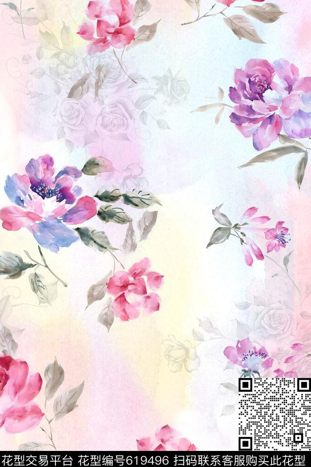 朦胧清爽水彩数码印花花型下载（图片编号: 619496） - 瓦栏（Walan）
