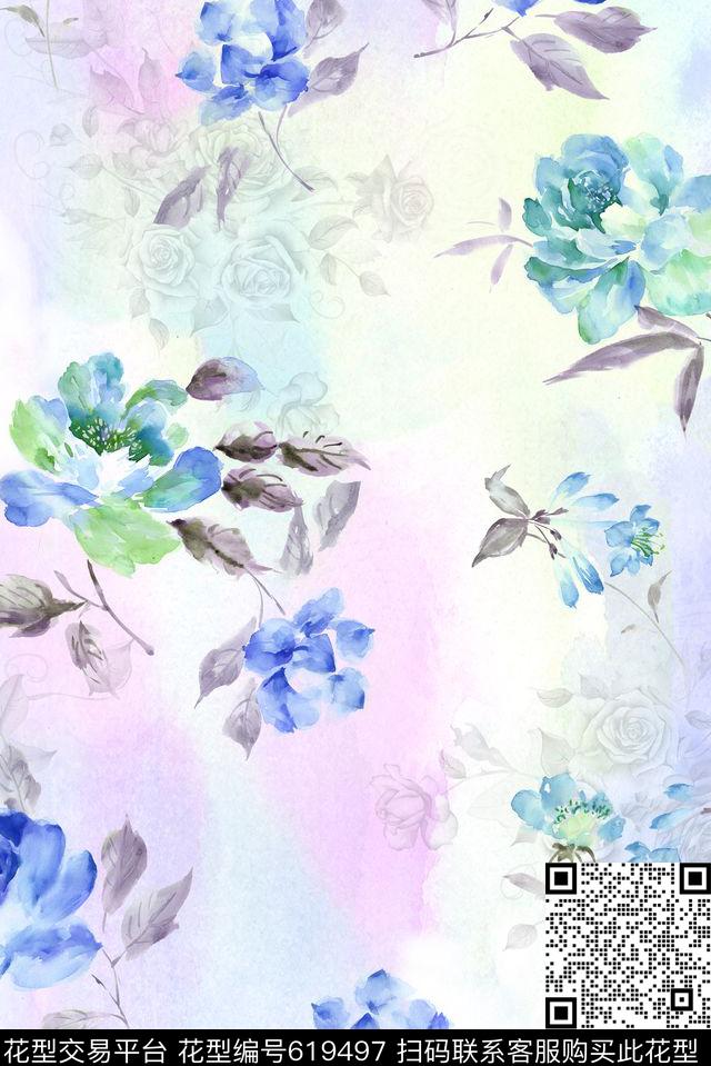 朦胧清爽水彩数码印花花型下载（图片编号: 619497） - 瓦栏（Walan）
