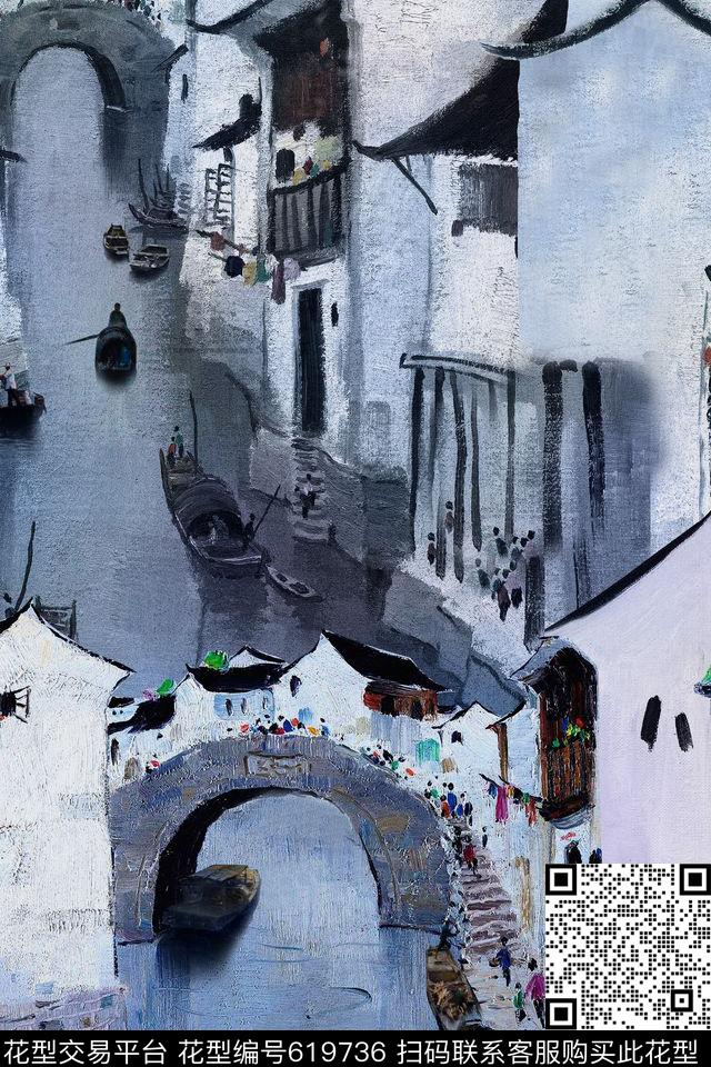 江南水乡风景数码印花花型下载（图片编号: 619736） - 瓦栏（Walan）