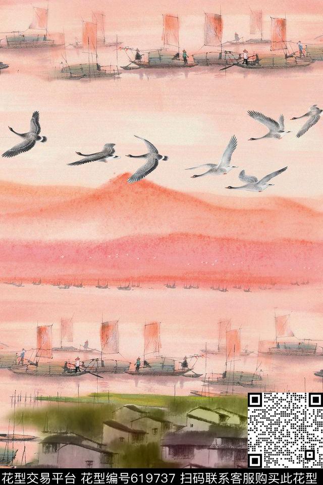 风景水墨数码印花花型下载（图片编号: 619737） - 瓦栏（Walan）