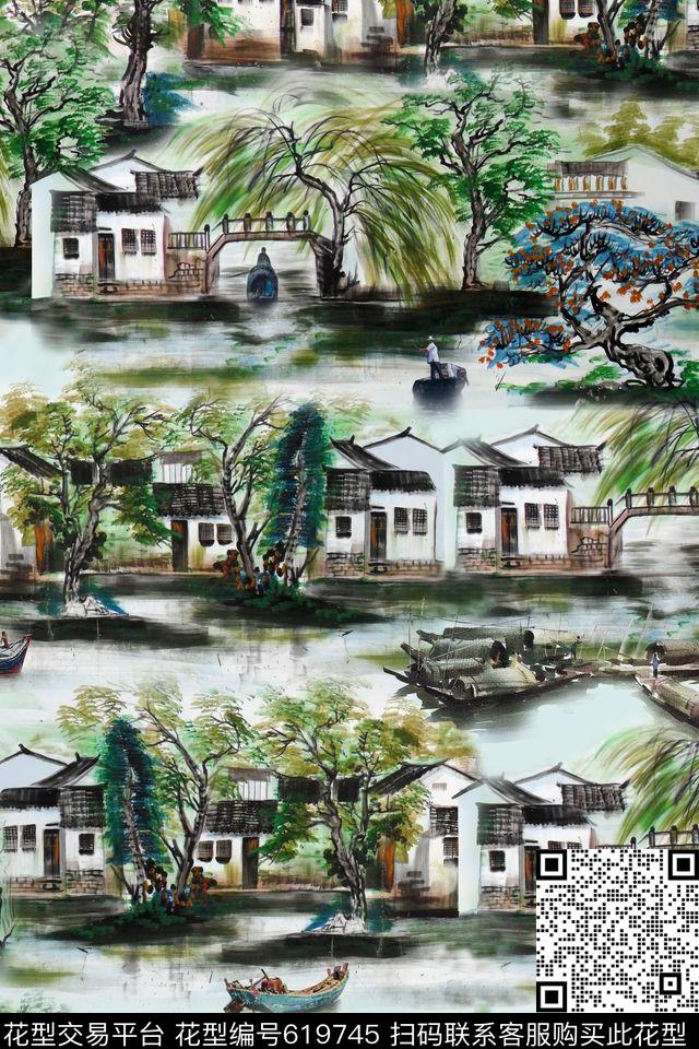 水墨江南山水风景中国风数码印花花型下载（图片编号: 619745） - 瓦栏（Walan）