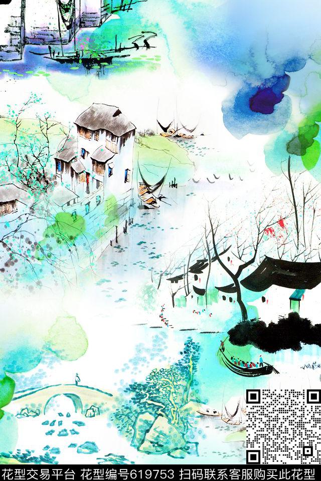 6.jpg - 619753 - 中国风 民族风 水墨 - 数码印花花型 － 女装花型设计 － 瓦栏