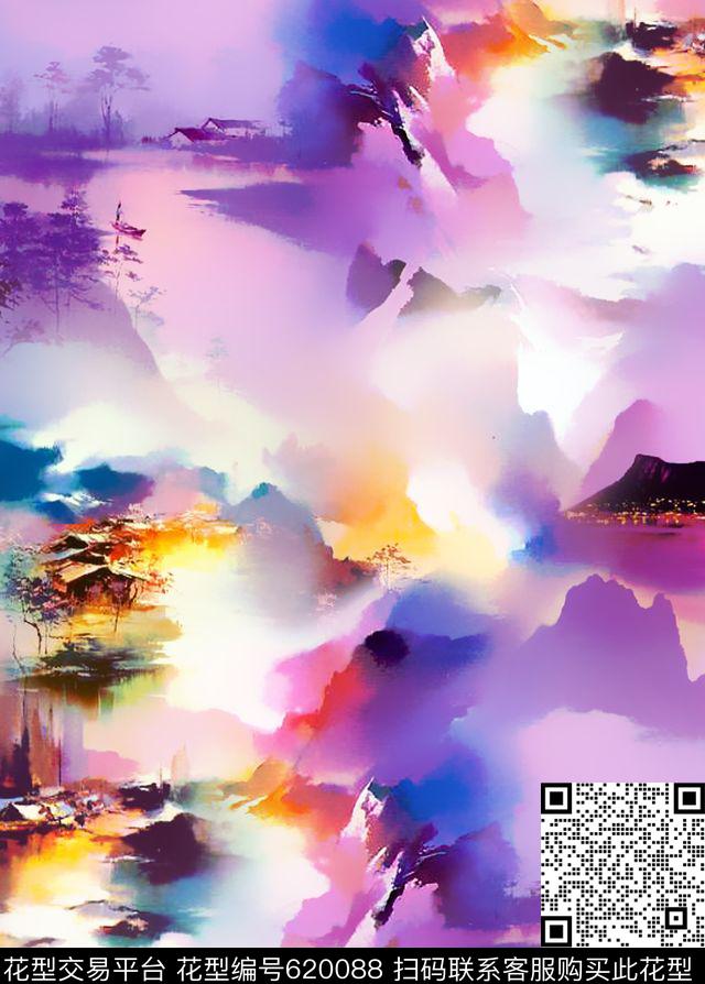 建筑山川风景数码印花花型下载（图片编号: 620088） - 瓦栏（Walan）