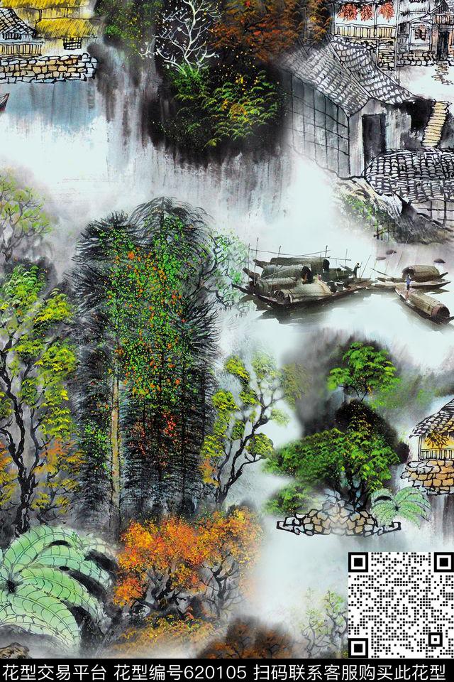水墨江南山水风景中国风数码印花花型下载（图片编号: 620105） - 瓦栏（Walan）