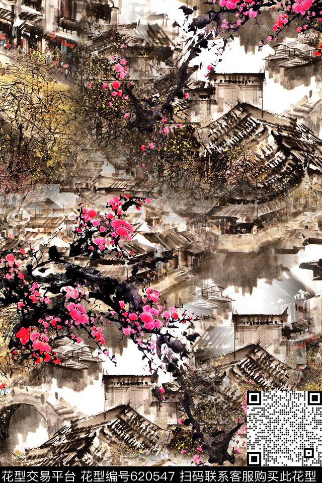 w-0109.jpg - 620547 - 中国风 花卉 水墨 - 数码印花花型 － 女装花型设计 － 瓦栏
