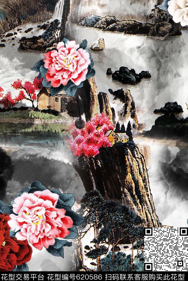 w-0110.jpg - 620586 - 中国风 花卉 水墨 - 数码印花花型 － 女装花型设计 － 瓦栏