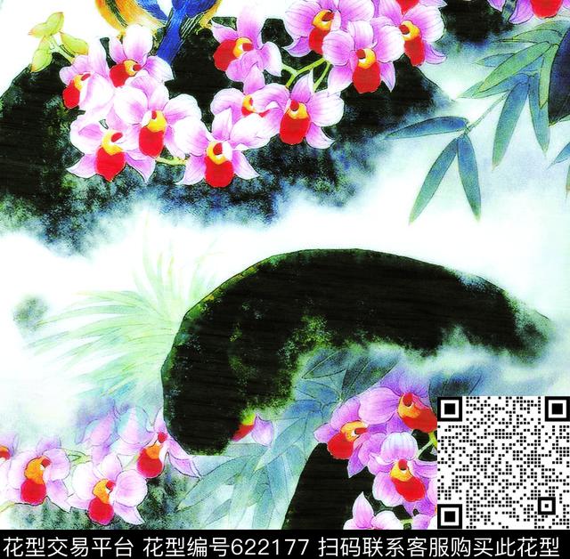 鸟与花-OK色-P.tif - 622177 - 山水画 风景画 水墨画 - 数码印花花型 － 女装花型设计 － 瓦栏