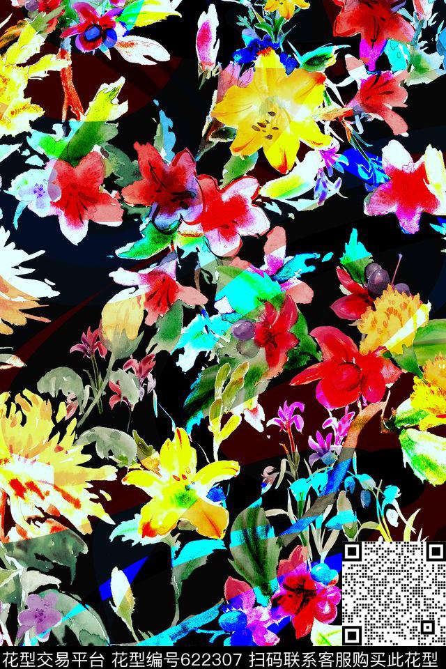 花卉手绘肌理数码印花花型下载（图片编号: 622307） - 瓦栏（Walan）