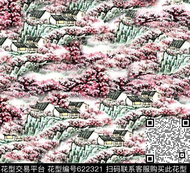 水墨桃花房屋数码印花花型下载（图片编号: 622321） - 瓦栏（Walan）