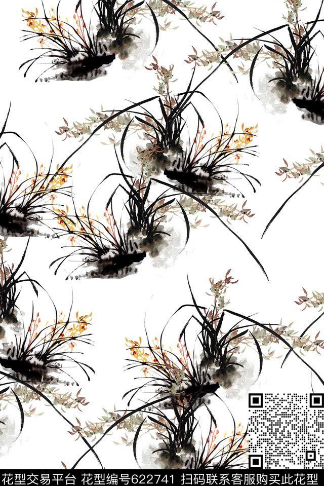 中国风水墨兰花数码印花花型下载（图片编号: 622741） - 瓦栏（Walan）