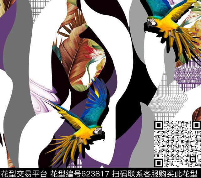 格子鸟花数码印花花型下载（图片编号: 623817） - 瓦栏（Walan）