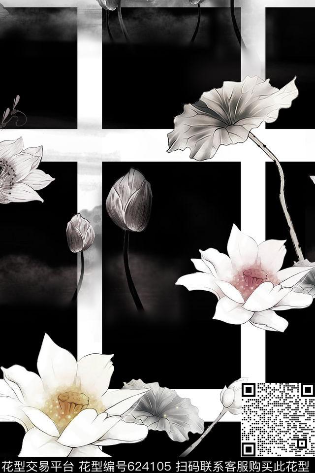 莲花花卉数码印花花型下载（图片编号: 624105） - 瓦栏（Walan）
