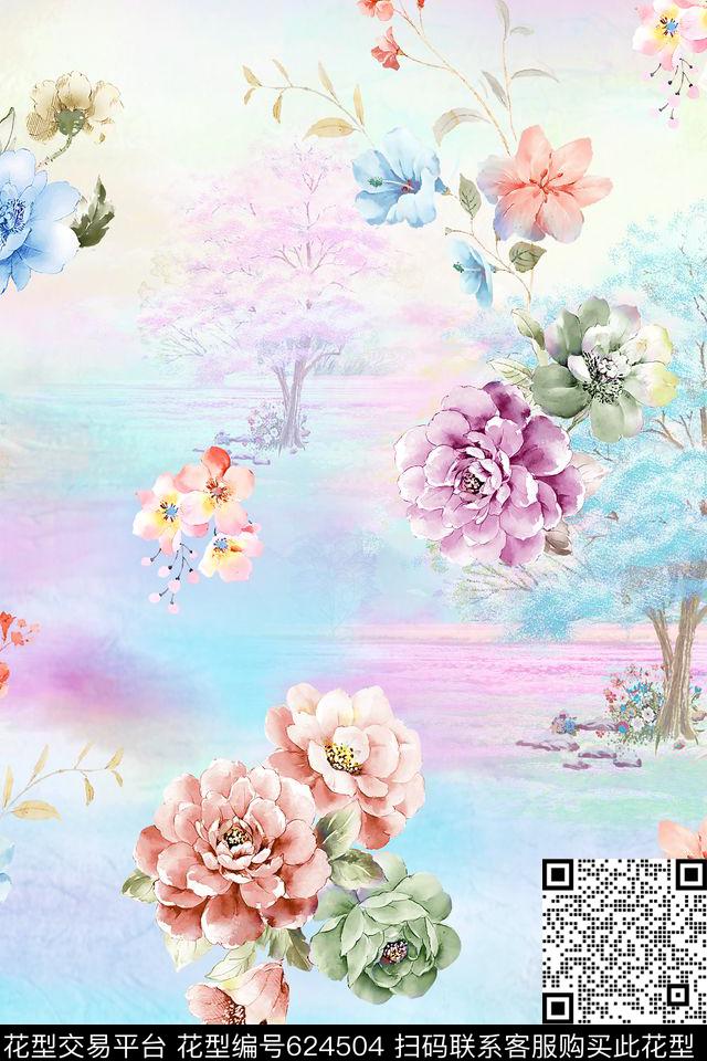 牡丹大花花朵数码印花花型下载（图片编号: 624504） - 瓦栏（Walan）