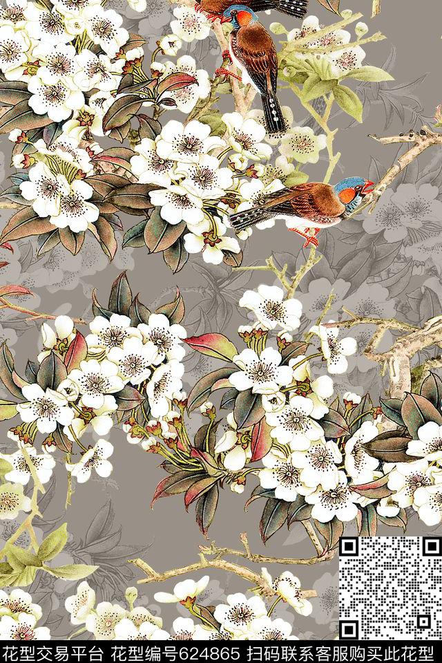 花卉鸟花朵数码印花花型下载（图片编号: 624865） - 瓦栏（Walan）