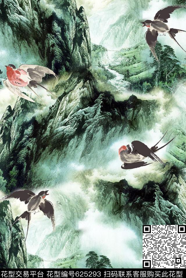 中国风山水鸟数码印花花型下载（图片编号: 625293） - 瓦栏（Walan）