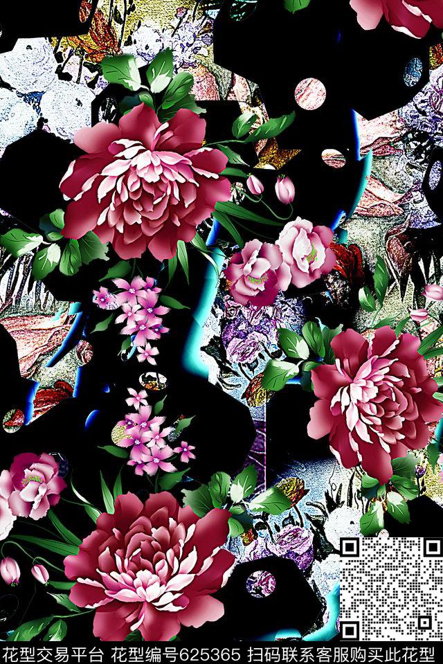 花卉复古牡丹数码印花花型下载（图片编号: 625365） - 瓦栏（Walan）