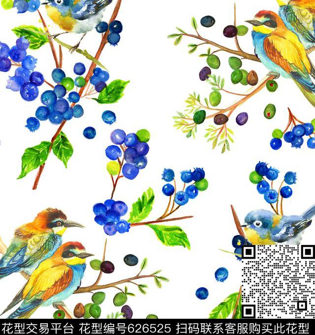 水彩花鸟果子数码印花花型下载（图片编号: 626525） - 瓦栏（Walan）