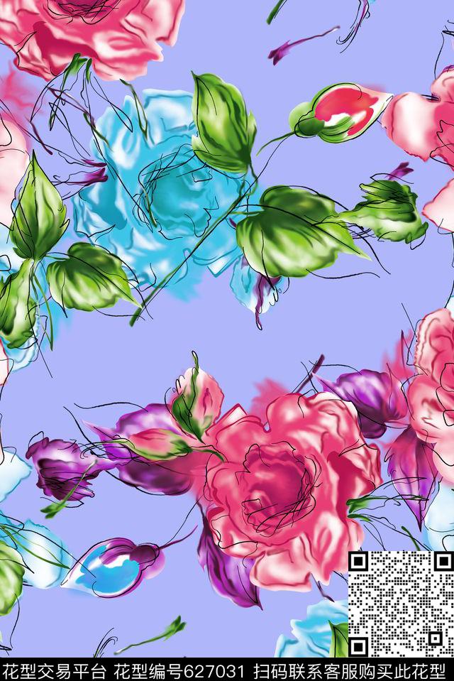 手绘线描玫瑰数码印花花型下载（图片编号: 627031） - 瓦栏（Walan）