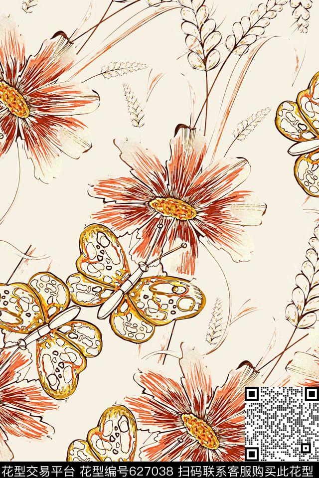 麦穗线描手绘数码印花花型下载（图片编号: 627038） - 瓦栏（Walan）