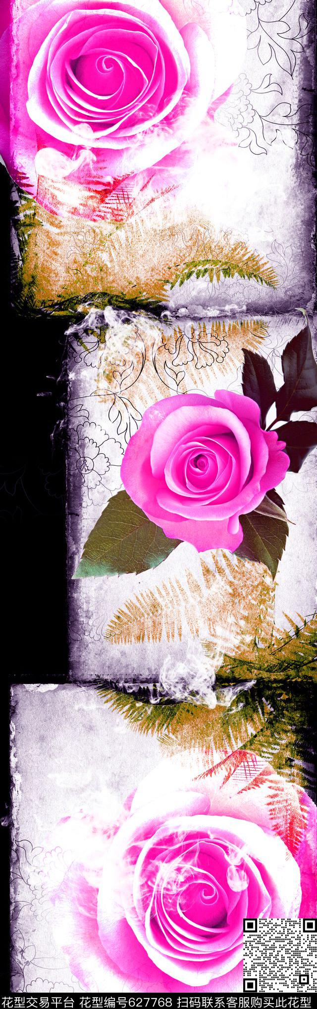 我爱北京 主题丝巾（二 ）55x170-3.jpg - 627768 - 花卉 月季花 中国风大花朵 - 数码印花花型 － 长巾花型设计 － 瓦栏