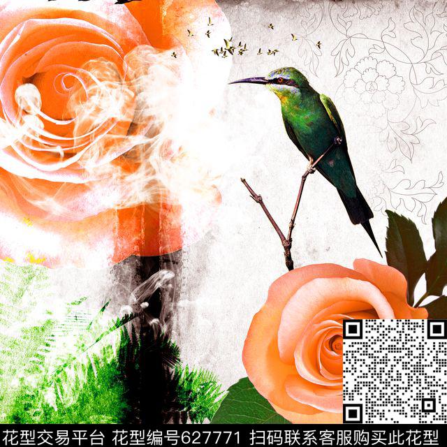 我爱北京 主题丝巾（二 ）110x110-2.jpg - 627771 - 花卉 月季花 中国风大花朵 - 数码印花花型 － 方巾花型设计 － 瓦栏