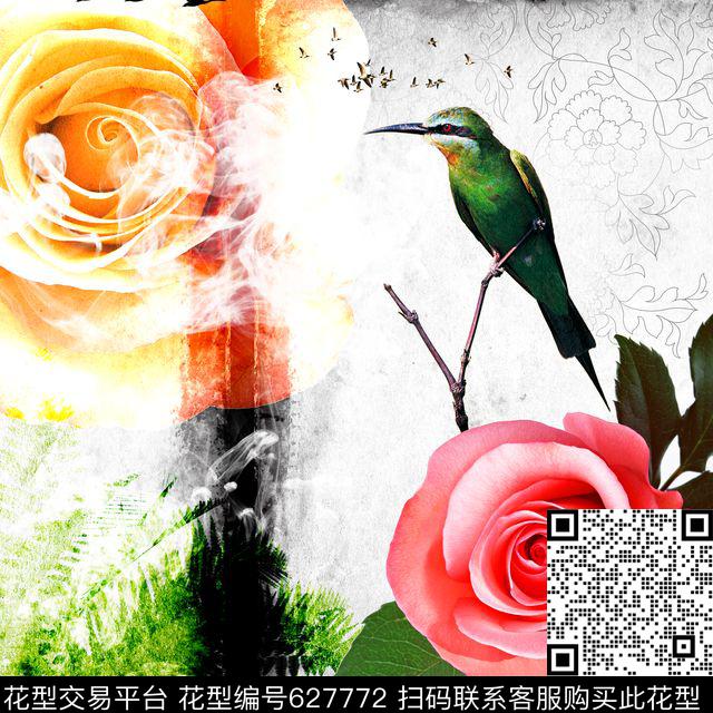 我爱北京 主题丝巾（二 ）110x110-3.jpg - 627772 - 花卉 月季花 中国风大花朵 - 数码印花花型 － 方巾花型设计 － 瓦栏