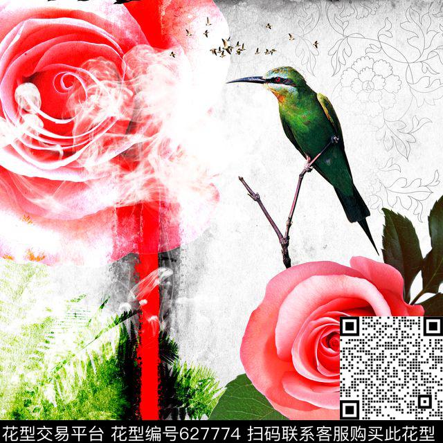 我爱北京 主题丝巾（二 ）110x110-4.jpg - 627774 - 花卉 月季花 中国风大花朵 - 数码印花花型 － 方巾花型设计 － 瓦栏
