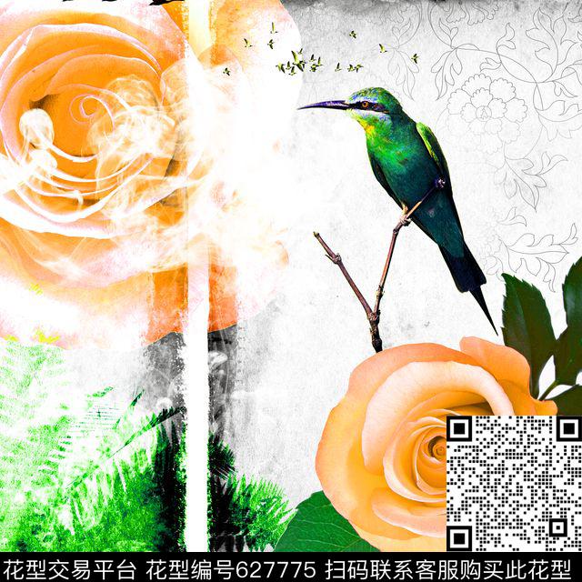 我爱北京 主题丝巾（二 ）110x110-5.jpg - 627775 - 花卉 月季花 中国风大花朵 - 数码印花花型 － 方巾花型设计 － 瓦栏