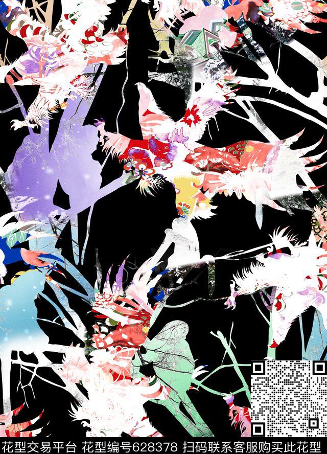 树枝鸟类花卉数码印花花型下载（图片编号: 628378） - 瓦栏（Walan）