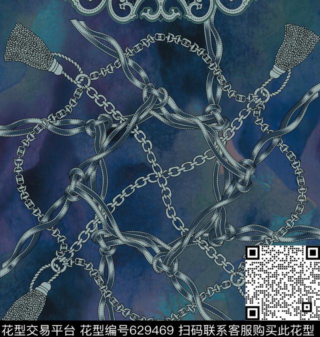 链条丝巾水彩数码印花花型下载（图片编号: 629469） - 瓦栏（Walan）