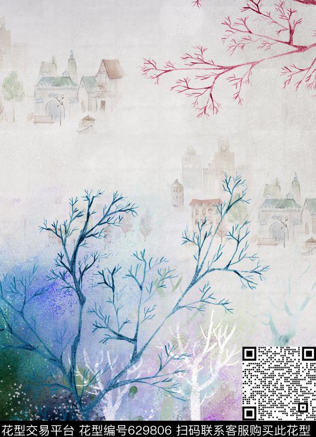 定位手绘树枝数码印花花型下载（图片编号: 629806） - 瓦栏（Walan）