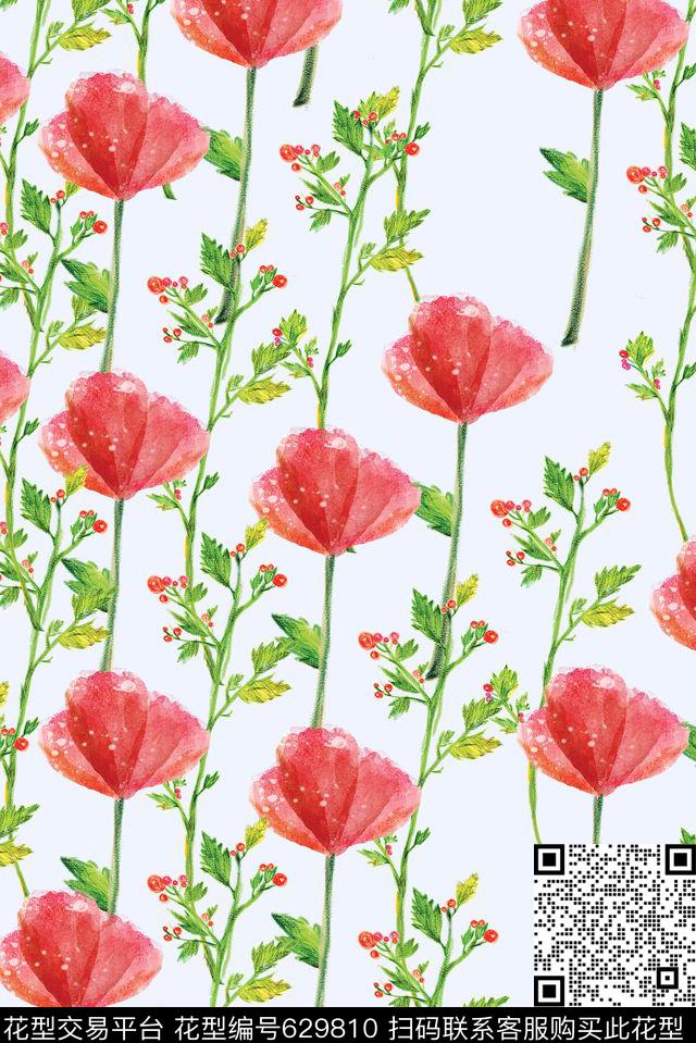 满版手绘花卉数码印花花型下载（图片编号: 629810） - 瓦栏（Walan）