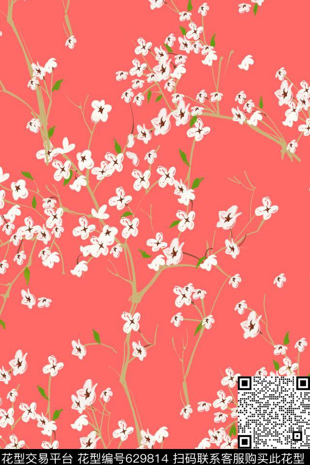 粉色浪漫桃枝传统印花花型下载（图片编号: 629814） - 瓦栏（Walan）