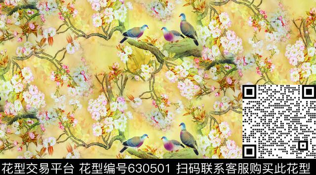 y-0153.jpg - 630501 - 旗袍 鸟 民族风 - 数码印花花型 － 女装花型设计 － 瓦栏