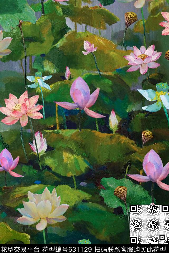油画手绘荷花数码印花花型下载（图片编号: 631129） - 瓦栏（Walan）