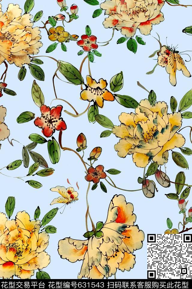 勾线花卉清爽底色花数码印花花型下载（图片编号: 631543） - 瓦栏（Walan）