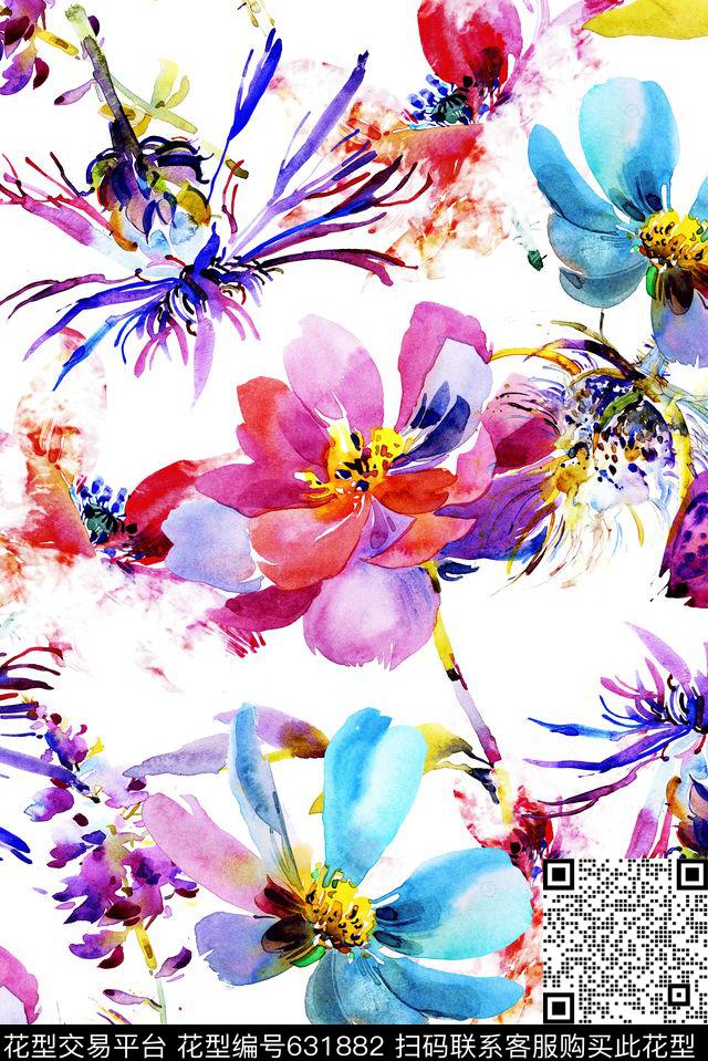 水彩花卉、抽象花朵花卉数码印花花型下载（图片编号: 631882） - 瓦栏（Walan）