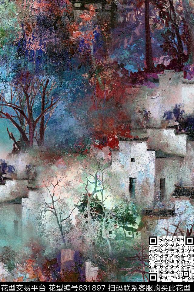 大笔触油画风景数码印花花型下载（图片编号: 631897） - 瓦栏（Walan）