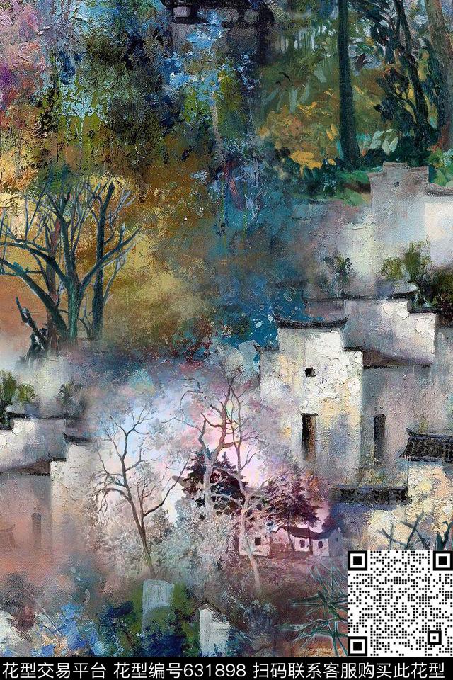 大笔触油画风景数码印花花型下载（图片编号: 631898） - 瓦栏（Walan）