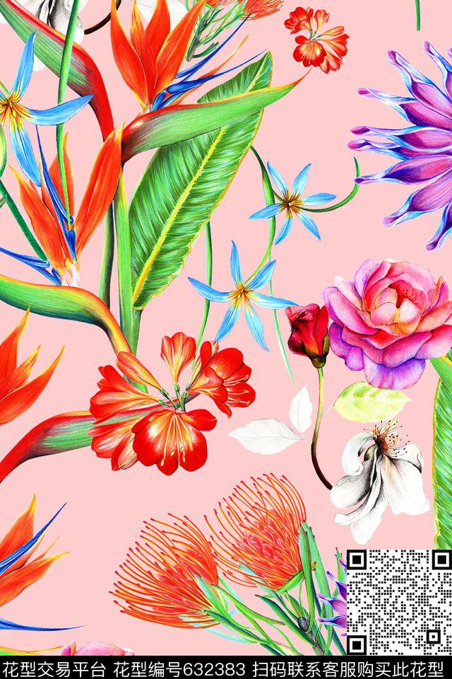手绘水彩女装泳装天堂鸟花数码印花花型下载（图片编号: 632383） - 瓦栏（Walan）