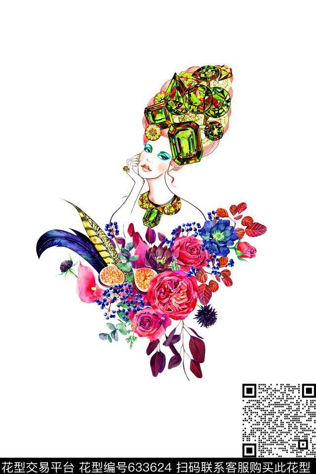 人物花朵花卉数码印花花型下载（图片编号: 633624） - 瓦栏（Walan）