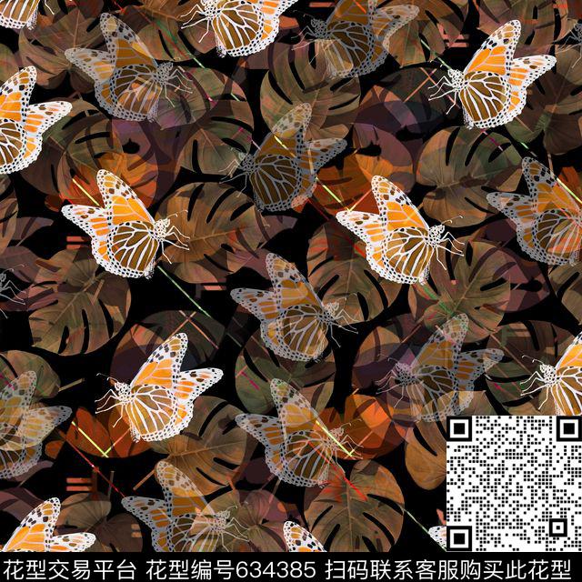 复古花卉蝴蝶数码印花花型下载（图片编号: 634385） - 瓦栏（Walan）