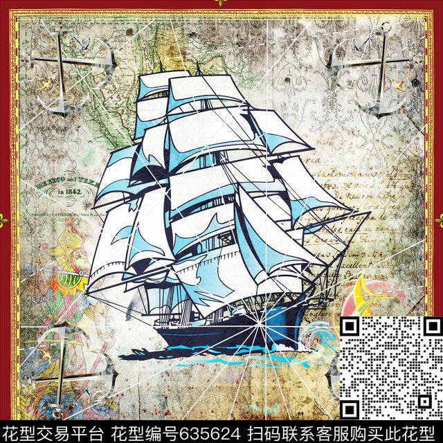 欧式丝巾--航海.jpg - 635624 - 抽象海洋景观 欧式风 海洋 - 数码印花花型 － 方巾花型设计 － 瓦栏
