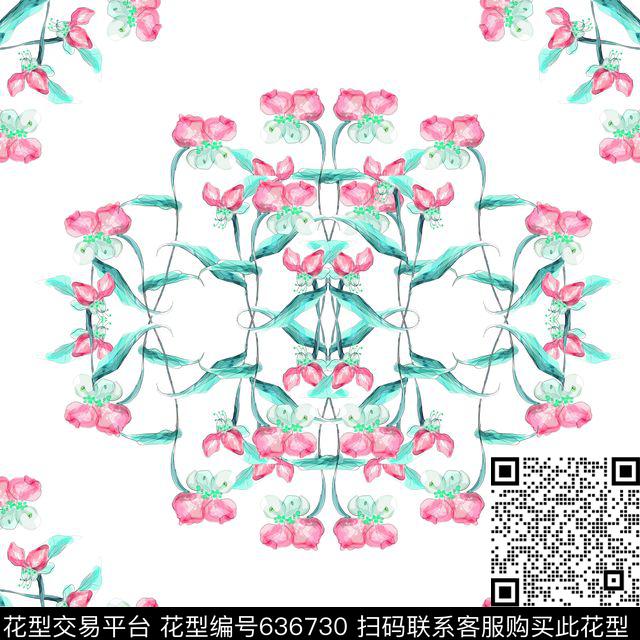 清新花卉方巾蓝.jpg - 636730 - 兰花 花朵 花卉 - 数码印花花型 － 方巾花型设计 － 瓦栏