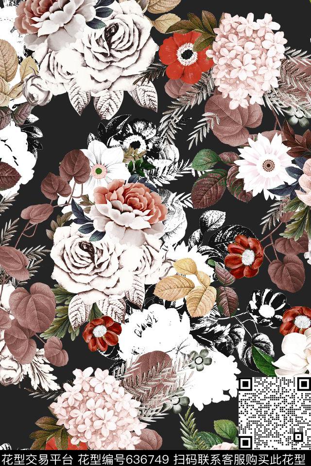 玫瑰绣球花复古数码印花花型下载（图片编号: 636749） - 瓦栏（Walan）
