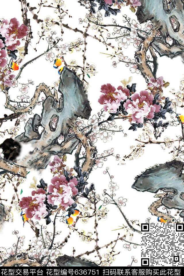 花卉中国风水墨数码印花花型下载（图片编号: 636751） - 瓦栏（Walan）