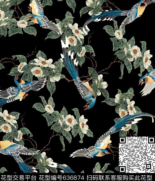 中国风花卉鸟黑.tif - 636874 - 花鸟 花卉 中国风 - 数码印花花型 － 女装花型设计 － 瓦栏