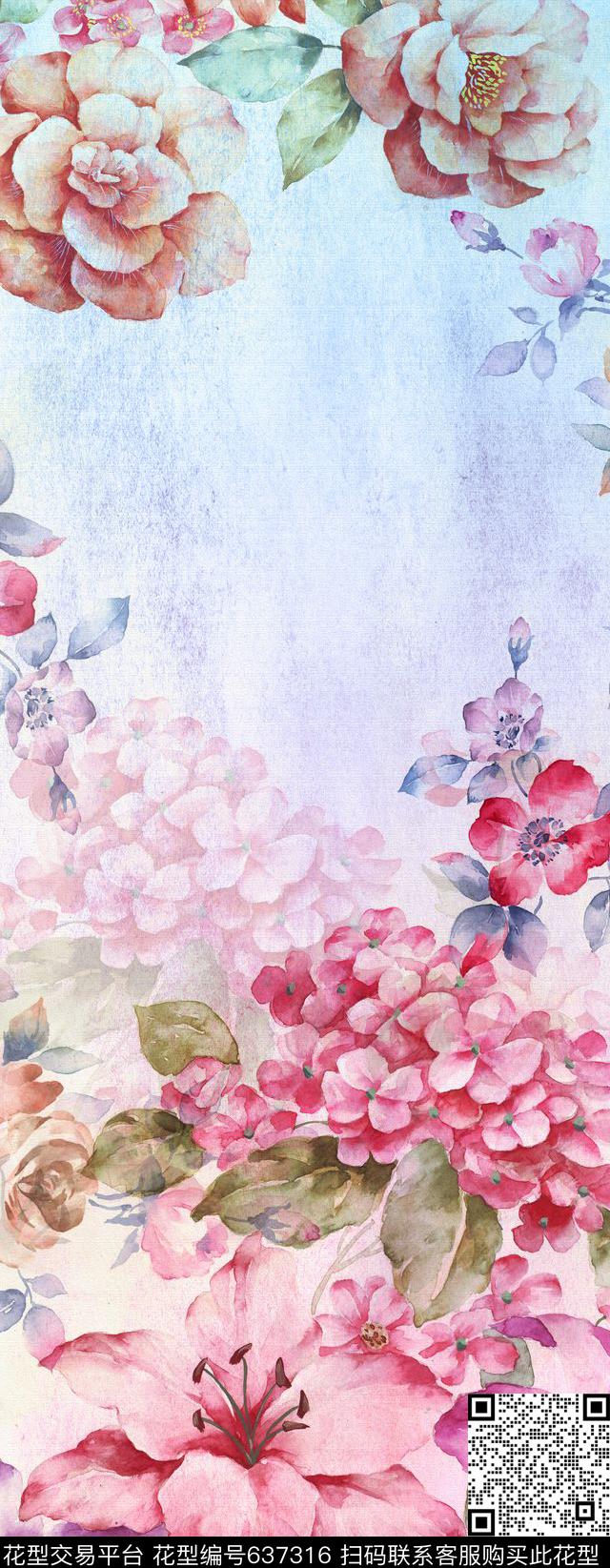 136.jpg - 637316 - 花朵 花卉 时尚 - 数码印花花型 － 长巾花型设计 － 瓦栏