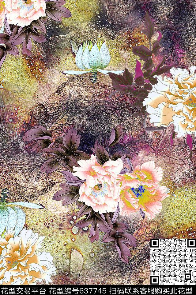 中国风花卉牡丹数码印花花型下载（图片编号: 637745） - 瓦栏（Walan）